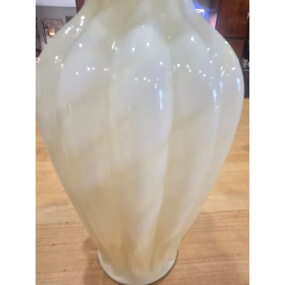 Vintage Fenton Yellow White Spiral Swirl Glass Ruffled Vase 11 Inch MCM